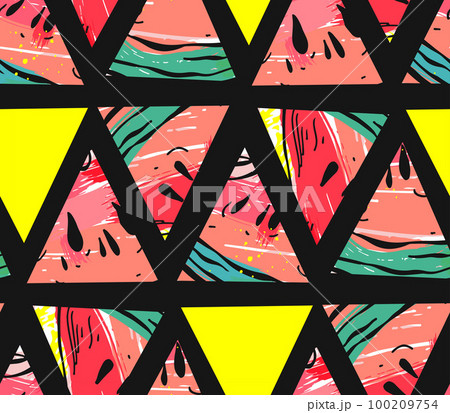 Hand drawn vector abstract collage seamless pattern with watermelon motif and triangle hipster shapes isolated on black background Hand drawn vector abstract collage seamless pattern with watermelon motif and triangle hipster shapes isolated on black background 100209754