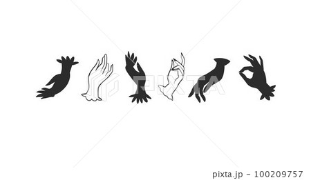 Hand drawn abstract vector graphic outline doodle lady hands in vintage gloves aesthetic illustration collection set.Hands logo design concept.Hands contemporary design.Outline hands illustration set. 100209757