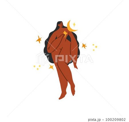 Hand drawn vector abstract modern graphic,clipart illustration of young boho female character with abstract moon and stars.Modern woman design figure doodle.Feminine nature concept.Boho woman concept. Hand drawn vector abstract modern graphic,clipart illustration of young boho female character with abstract moon and stars.Modern woman design figure doodle.Feminine nature concept.Boho woman concept. 100209802