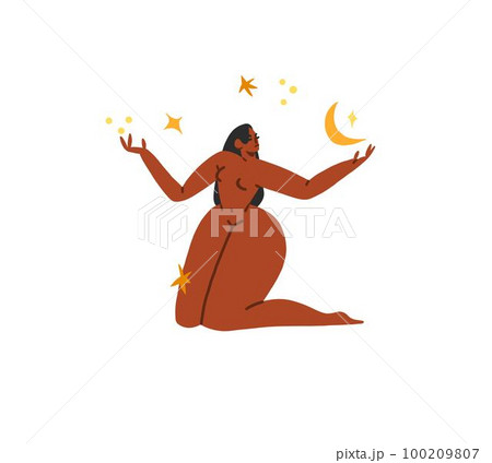 Hand drawn vector abstract modern graphic,clipart illustration of young boho female character in nature with abstract moon and stars.Modern woman design.Feminine nature concept.Boho woman concept. 100209807