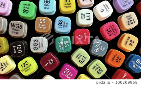 Close up colorful color pen caps with names and number of colors 100209968