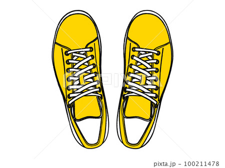 スニーカー 黄色い運動靴 バスケットシューズを真上から俯瞰したイラスト 100211478