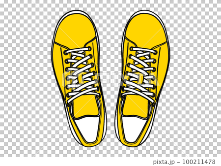 スニーカー 黄色い運動靴 バスケットシューズを真上から俯瞰したイラスト 100211478