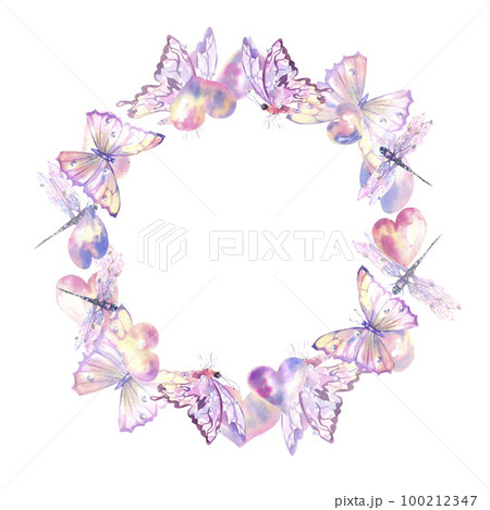 Watercolor wreath with hearts delicate, purple and pink butterflies, dragonflies. Frame posters, postcards, certificates, invitations, announcements, beauty salon wedding birthday 100212347