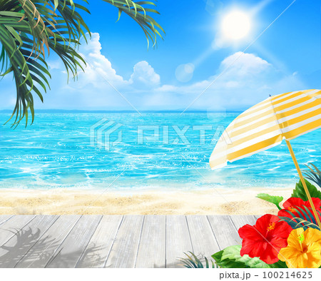 太陽の光差し込む青い空の下美しいビーチに白いウッドデッキ、ヤシの木とハイビスカスの夏フレーム背景素材 100214625