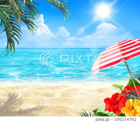 太陽の光差し込む青い空の下、海沿いに縞模様のパラソルとハイビスカスの咲く夏のおしゃれフレーム背景素材 100214702