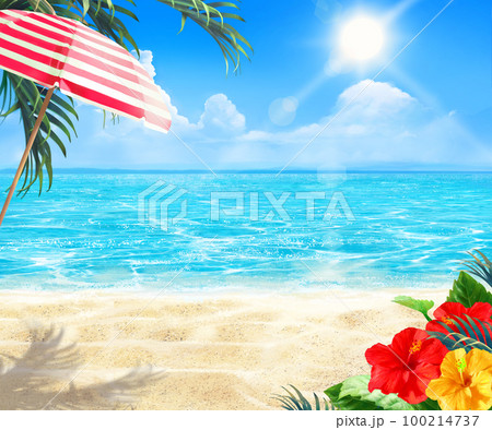 太陽の光差し込む青い空の下、海沿いに縞模様のパラソルとハイビスカスの咲く夏のおしゃれフレーム背景素材 太陽の光差し込む青い空の下、海沿いに縞模様のパラソルとハイビスカスの咲く夏のおしゃれフレーム背景素材 100214737