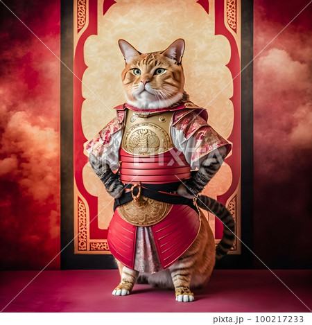 Noble British Shorthair ore cat as samurai dressed in Yoroi samurai armor poses on white background. Funny cat. Generative ai. Creative digital image Noble British Shorthair ore cat as samurai dressed in Yoroi samurai armor poses on white background. Funny cat. Generative ai. Creative digital image 100217233