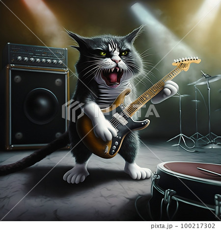 Cat as a deathmetal star playing guitar on a concert stage. High resolution illustration.   Creative digital painting.	 100217302