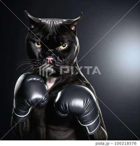 Puma boxer poses for a photo against a dark background. Digital painting concept art. Professional cat boxer. Puma boxer poses for a photo against a dark background. Digital painting concept art. Professional cat boxer. 100218576