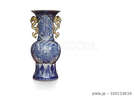 front view antique large blue and gold ceramic vase on white background, object, decor, fashion, gift, home, house, copy space front view antique large blue and gold ceramic vase on white background, object, decor, fashion, gift, home, house, copy space 100218638