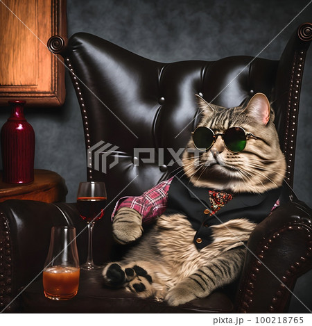 A lazy grayish tomcat sits on a leather chair wearing a shirt and green lenon sunglasses and sips a drink. Macho cat like a boss. illustration. Creative digital painting A lazy grayish tomcat sits on a leather chair wearing a shirt and green lenon sunglasses and sips a drink. Macho cat like a boss. illustration. Creative digital painting 100218765