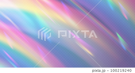 Rainbow light prism effect, transparent blue background. Hologram reflection, crystal flare leak shadow overlay. Vector illustration of abstract blurred iridescent light backdrop. 100219240