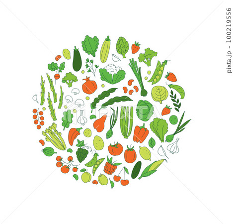 Round background pattern of organic farm fresh fruits and vegetables Round background pattern of organic farm fresh fruits and vegetables 100219556