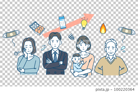 Illustrations of people who are troubled by various price increases 100220364