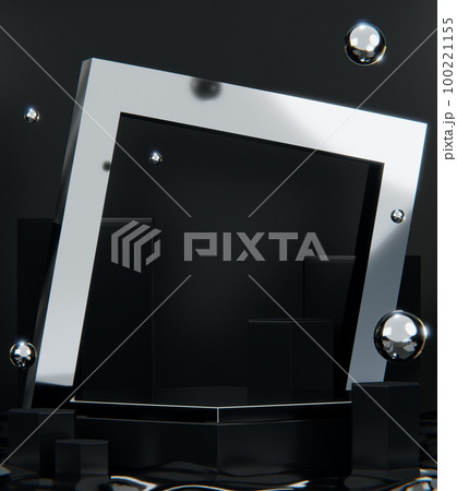 Fashion product background and stand black podium display with blank backdrops. 100221155