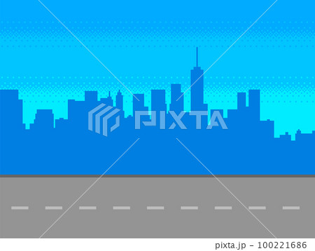 Pixel art game background with road and city silhouette. 100221686