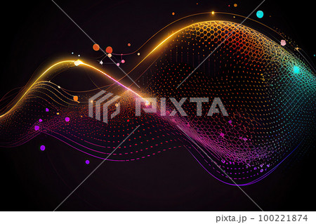 Technology background with connected colorful dots on abstract background. Digital data and network connection background. Created with Generative AI 100221874