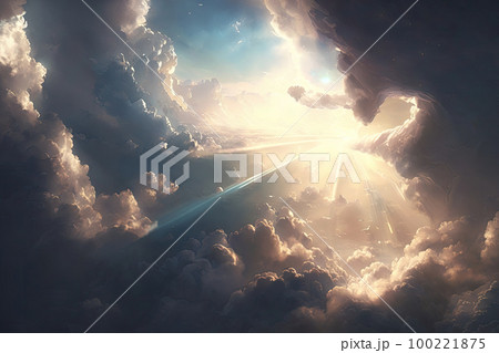 Sun rays break through the clouds in the sky. Entrance to heaven. Created with Generative AI 100221875