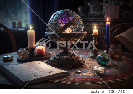 Crystal magic ball and burning candles on wooden table at night. Fortune telling and reading future. Astrology horoscope, esoteric and spiritual growth concept. Created with Generative AI 100221876