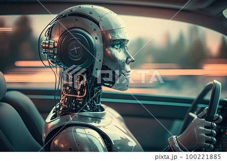 Robot drivinf car like a human. Futuristic technology. Autonomous vehicle is moving towards its destination. Created with Generative AI 100221885