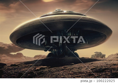 Alien oval-shaped spaceship landed on the mars surface In the midle of the desert - Illustration 3d, scfi epic cinematic scene Alien oval-shaped spaceship landed on the mars surface In the midle of the desert - Illustration 3d, scfi epic cinematic scene 100222025