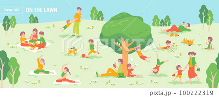 芝生広場で過ごす人々 100222319