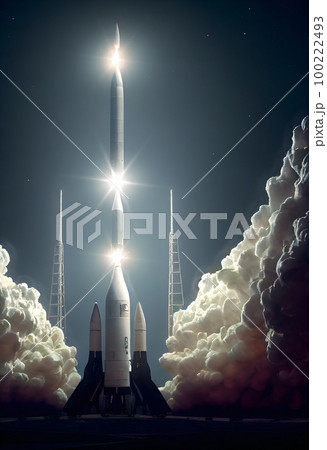 The launch of powerful rockets from the launch platform. Huge clouds of smoke billow around.   illustration.	 100222493