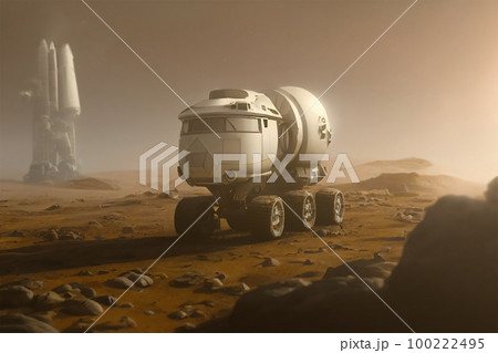 Martian research and exploration truck with communication tower in the background, mars surface, midle of the desert Illustration 3d 100222495