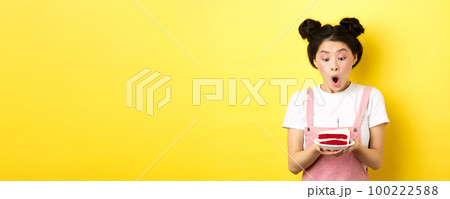 Cute asian birthday girl with bright makeup, blowing candle on cake, making wish, standing on yellow background Cute asian birthday girl with bright makeup, blowing candle on cake, making wish, standing on yellow background 100222588