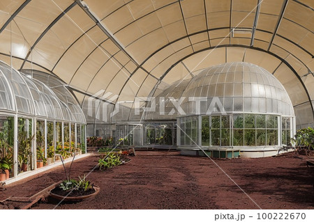 First Mars colony greenhouse after successful attempt to terraform mars. 3D illustration 100222670