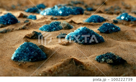 Unusual unidentified minerals found on the surface of the planet mars. Green kryptonite crystal structures protrude from the sand.Digital illustration 100222739