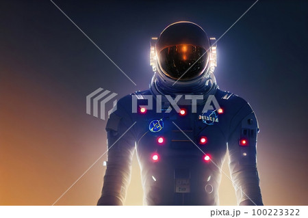 Astronaut doing space walk. Mars exploration. Front view of astronaut wearing space suit walking on a surface of a red planet. illustration 100223322
