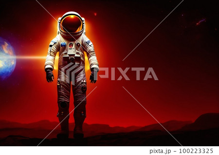 Astronaut doing space walk. Mars exploration. Front view of astronaut wearing space suit walking on a surface of a red planet. illustration Astronaut doing space walk. Mars exploration. Front view of astronaut wearing space suit walking on a surface of a red planet. illustration 100223325