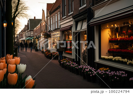 オランダの街並み、店先に並ぶ綺麗なチューリップ 100224794