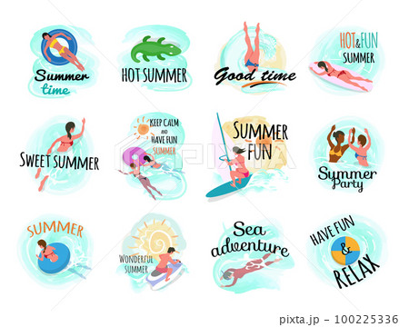 Set of summer fun and activities emblem design, people man and woman in various situations in water 100225336
