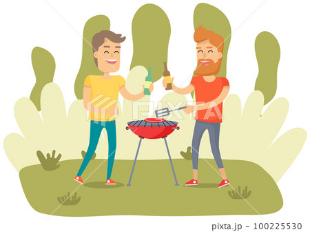 Men are cooking barbecue grill. Friends fry meat in nature and drink beer vector illustration Men are cooking barbecue grill. Friends fry meat in nature and drink beer vector illustration 100225530
