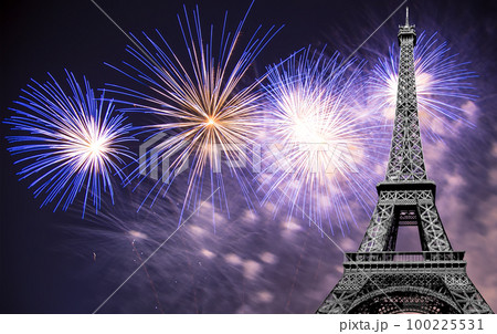 Celebratory colorful fireworks over the Eiffel Tower in Paris, France Celebratory colorful fireworks over the Eiffel Tower in Paris, France 100225531