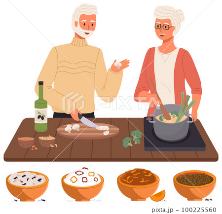 Elderly couple preparing soup or porridge using vegetarian ingredients. Family cooking together Elderly couple preparing soup or porridge using vegetarian ingredients. Family cooking together 100225560