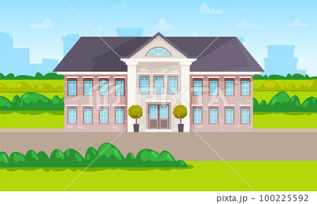 Two-story building with blue windows and roof in green landscape. Large nursing home with garden 100225592