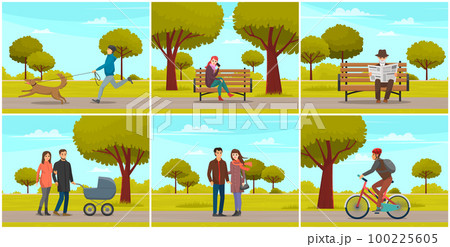 People on walk in city park scenes set. Family with baby, girl sitting on bench, guy runing with dog 100225605