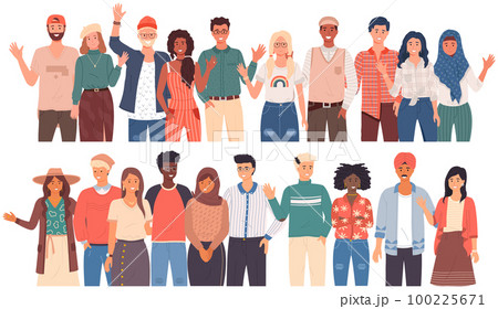 People greeting gesture. Different nations representatives waving hand saying hello 100225671