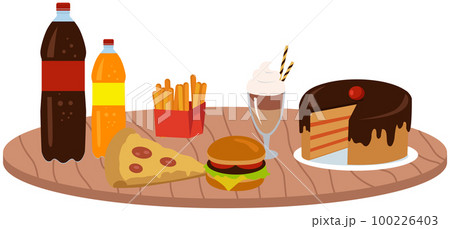 Fast food meal set. Fatty unhealthy high-calorie foods. Cheese burger, cake, pizza and fizzy drinks Fast food meal set. Fatty unhealthy high-calorie foods. Cheese burger, cake, pizza and fizzy drinks 100226403