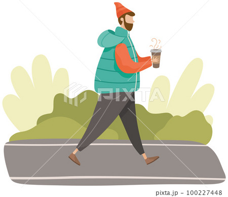 Male character in warm clothes drinking hot coffee while walking in cold weather in autumn park 100227448