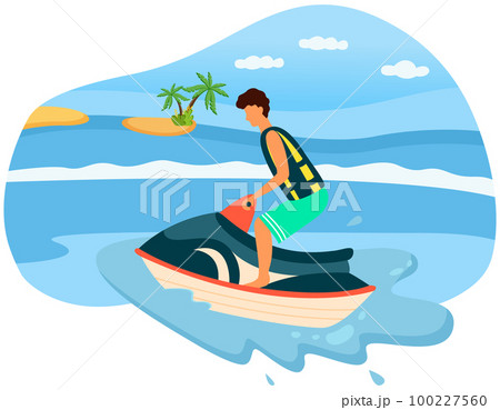 Active sports at sea resort. Man on jet ski. Guy riding water scooter. Male character on motorcycle 100227560