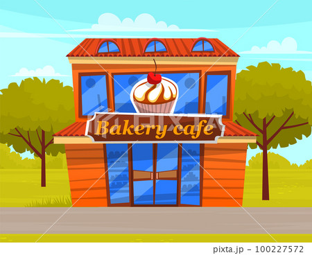 Bakery cafe building facade with signboard and cupcake. Baking store, coffee, bread and pastry shop 100227572