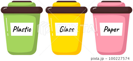 Garbage sorting. Different color recycle bins with glass, plastic and paper. Zero waste concept 100227574