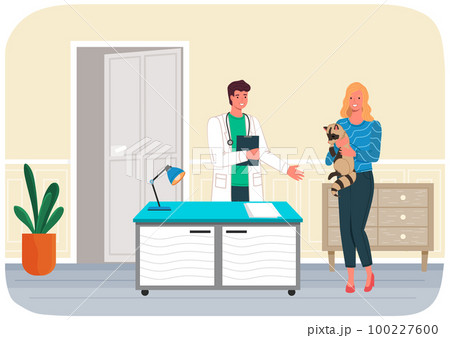 Veterinary care. Veterinarian man with woman pet owner holding small raccoon in medical office 100227600