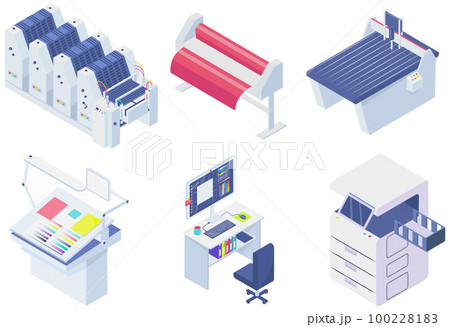 Set of equipment for work in printing. Copier, printer, paper cutter isolated on white background 100228183