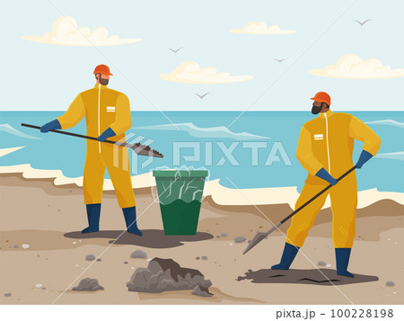 Men with shovels clean waste contaminated areas of sand. Volunteer people are cleaning beach 100228198